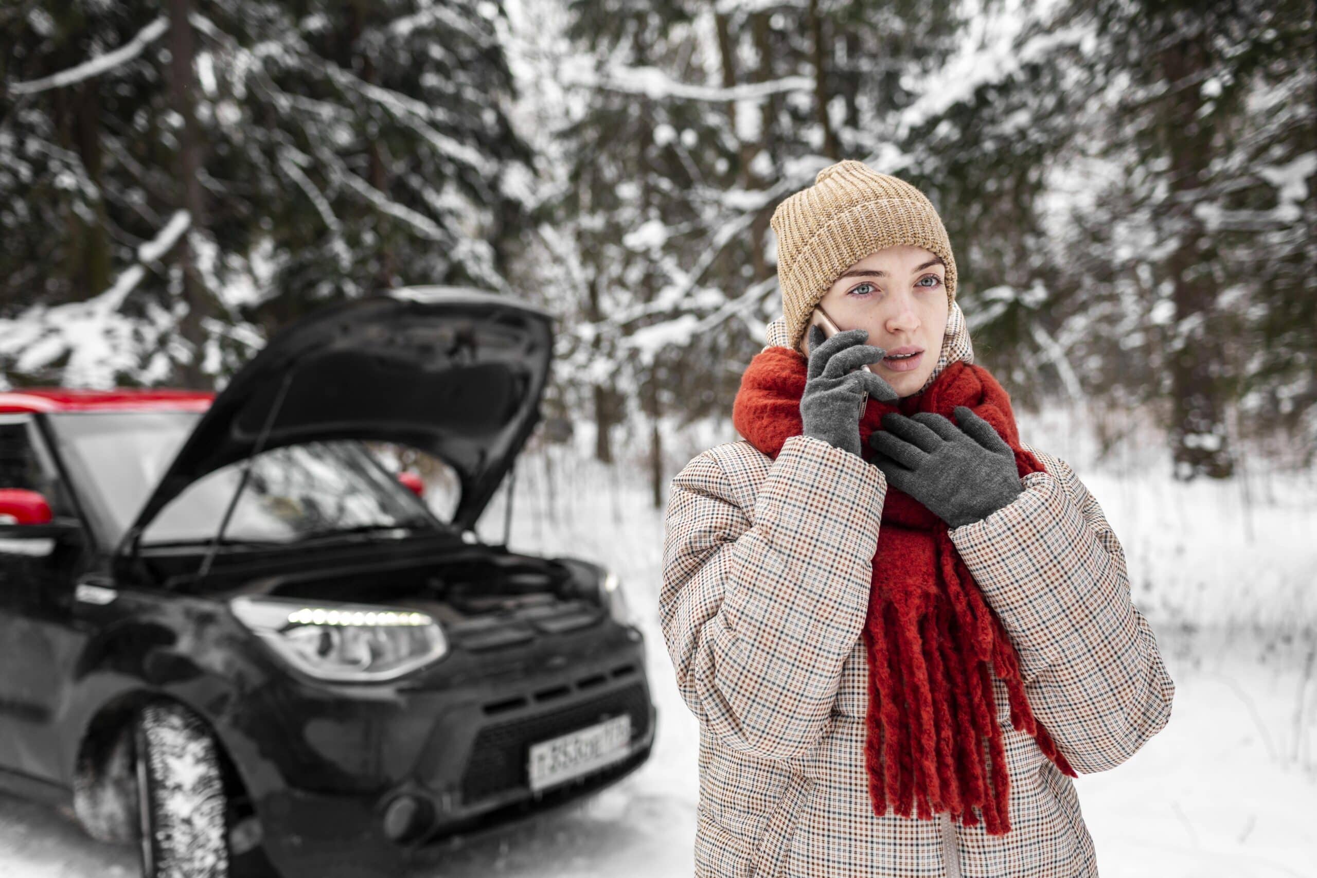 Woman standing by her car in winter, talking on the phone after a cold morning start — symbolizing the importance of winter car maintenance in Newark, NJ.