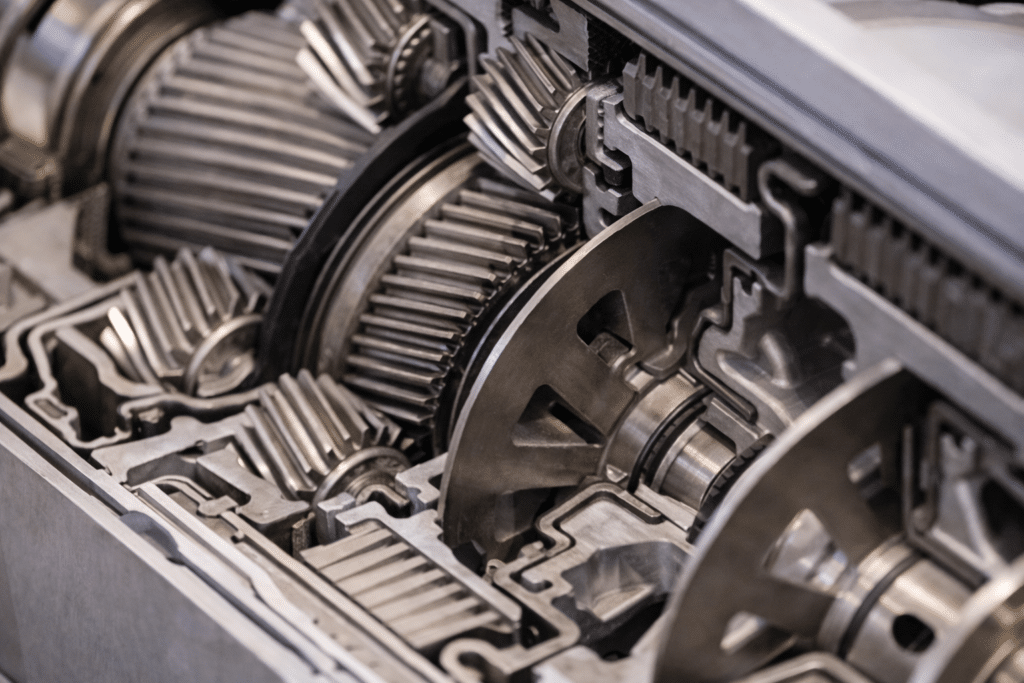 Close-up of internal Ford transmission gears during diagnostic and repair service in Newark, NJ
