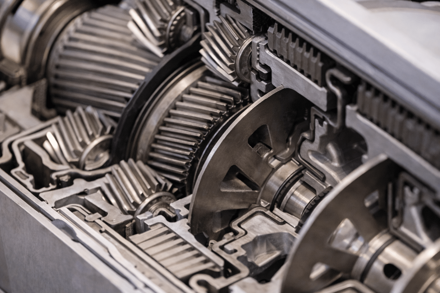 Close-up of internal Ford transmission gears during diagnostic and repair service in Newark, NJ