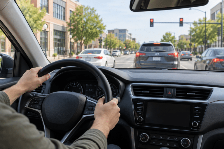Driver holding the steering wheel of a car stopped at a red traffic light.