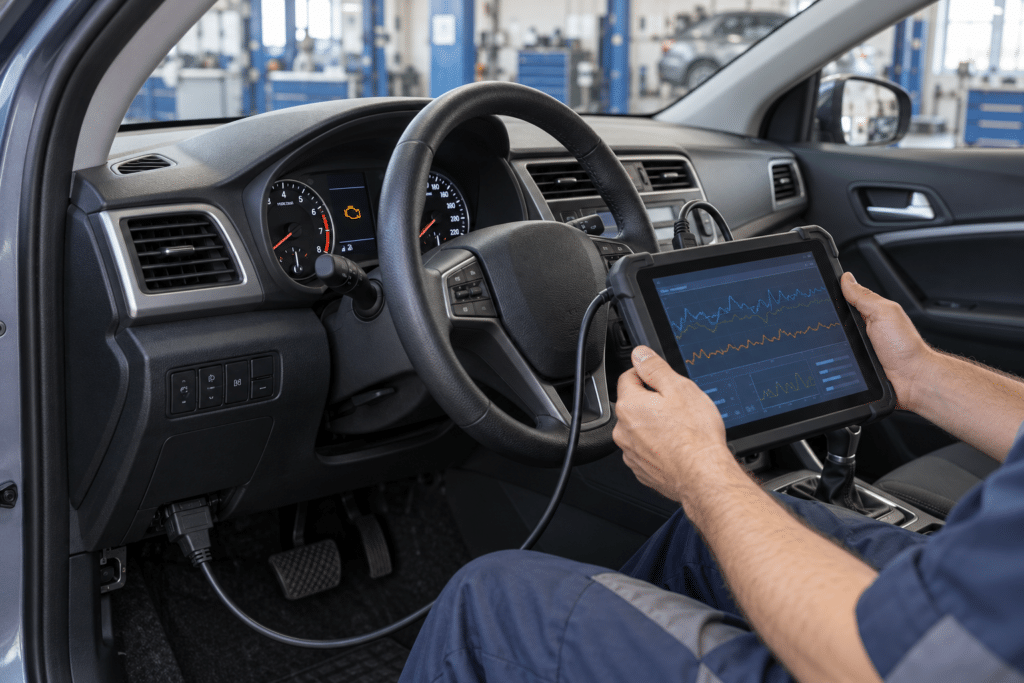 Technician using a diagnostic scan tool beside a car dashboard with a check engine light.